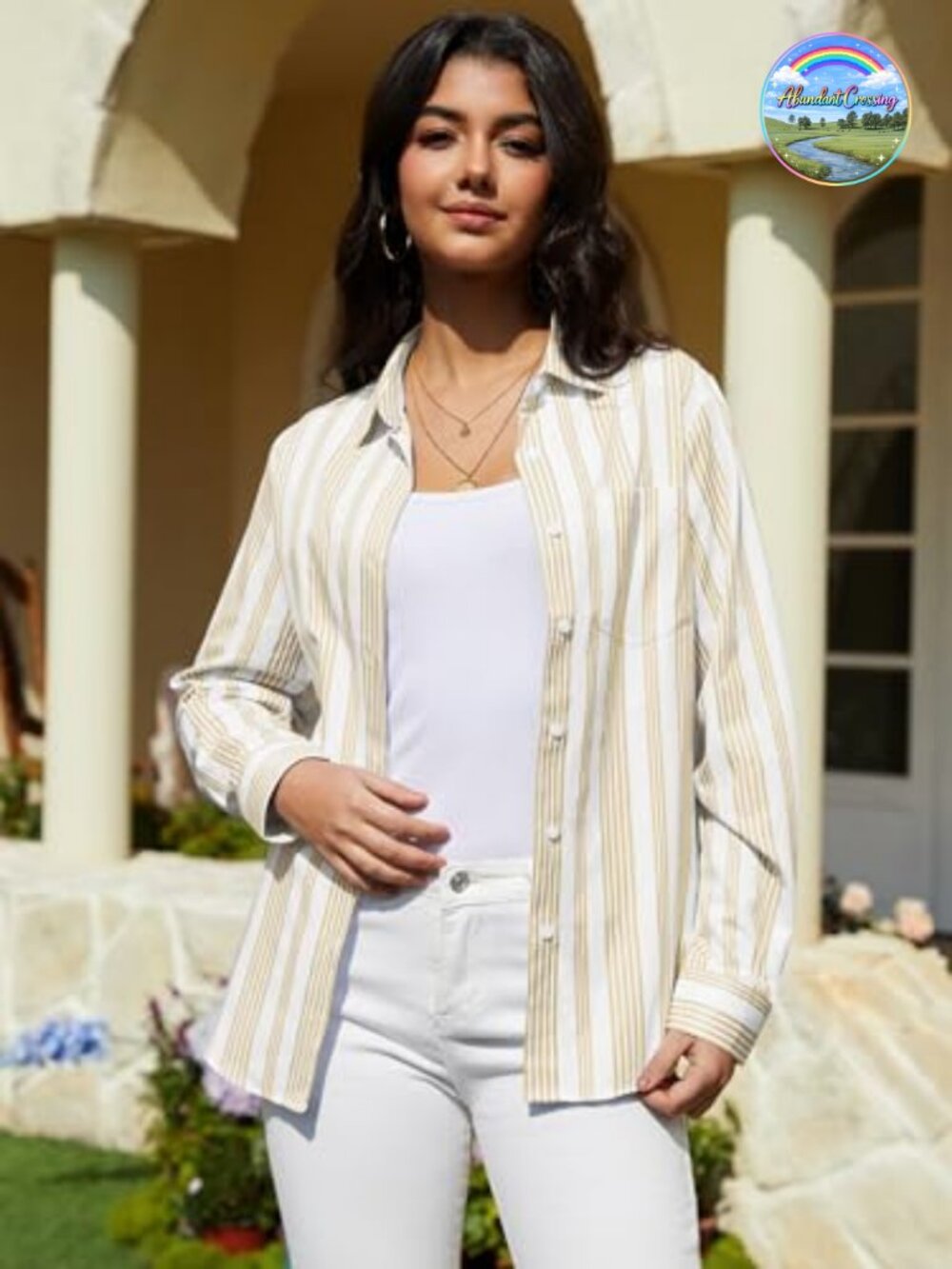 Striped Button Down Long Sleeve Blouse with Pocket Cotton Blend - Picture 2 of 7